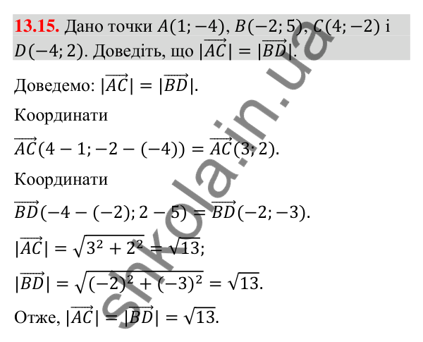 Завдання 13.15 Відповідь до завдання 13.15 (с. 151) з геометрії для 9 класу (Мерзляк, 2026): Координати вектора