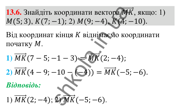 Завдання 13.6 Відповідь до завдання 13.6 (с. 150) з геометрії для 9 класу (Мерзляк, 2026): Координати вектора