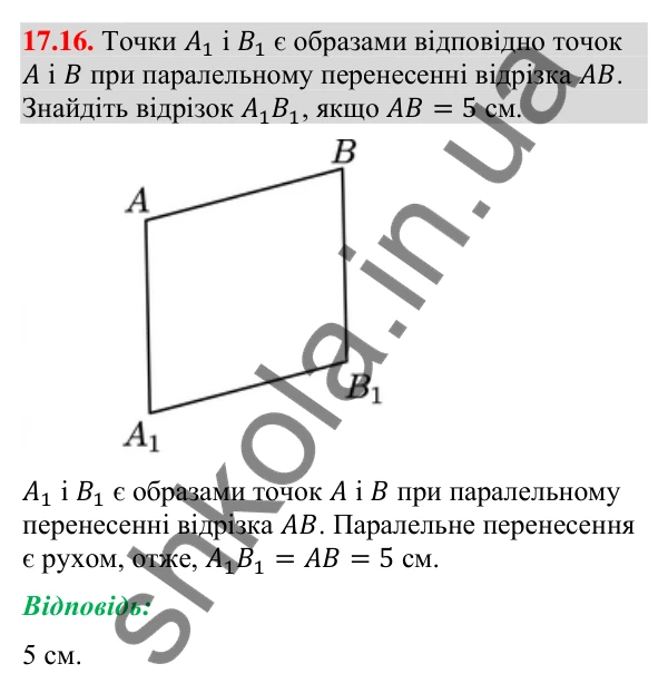 Завдання 17.16 Відповідь до завдання 17.16 (с. 202) з геометрії для 9 класу (Мерзляк, 2026): Паралельне перенесення