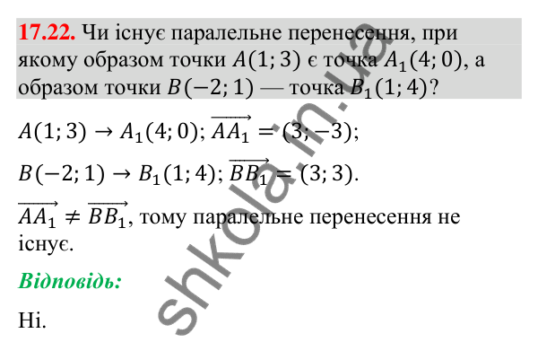 Завдання 17.22 Відповідь до завдання 17.22 (с. 202) з геометрії для 9 класу (Мерзляк, 2026): Паралельне перенесення