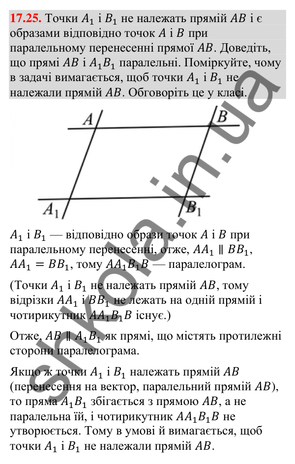 Відповідь до завдання 17.25 (с. 203) з геометрії для 9 класу (Мерзляк, 2026): Паралельне перенесення