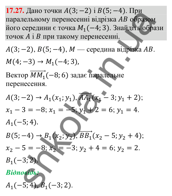 Завдання 17.27 Відповідь до завдання 17.27 (с. 203) з геометрії для 9 класу (Мерзляк, 2026): Паралельне перенесення