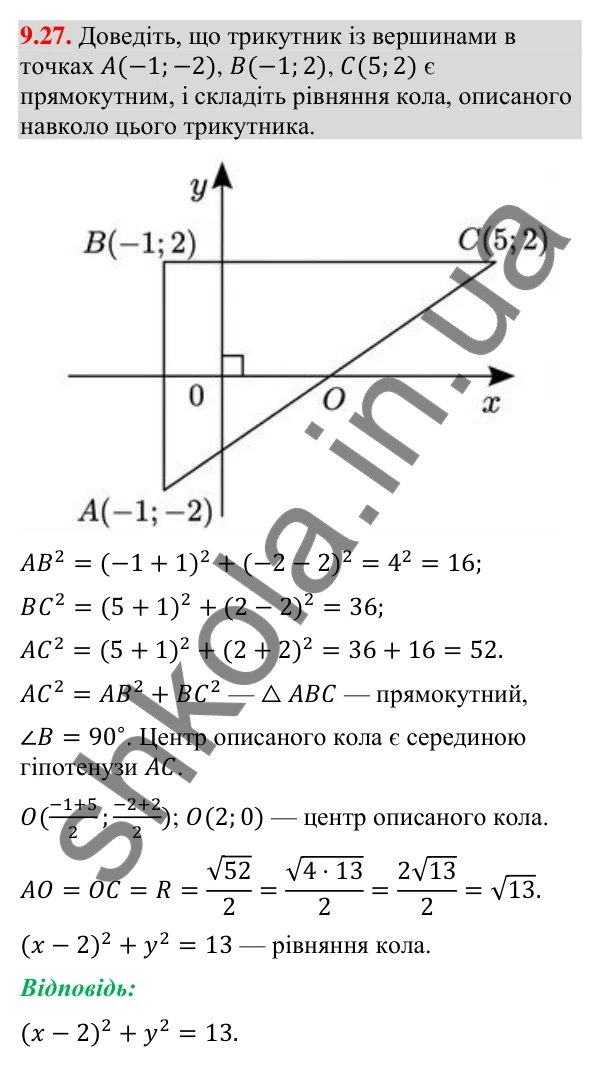 Завдання 9.27 Відповідь до завдання 9.27 (с. 117) з геометрії для 9 класу (Мерзляк, 2026): Рівняння кола