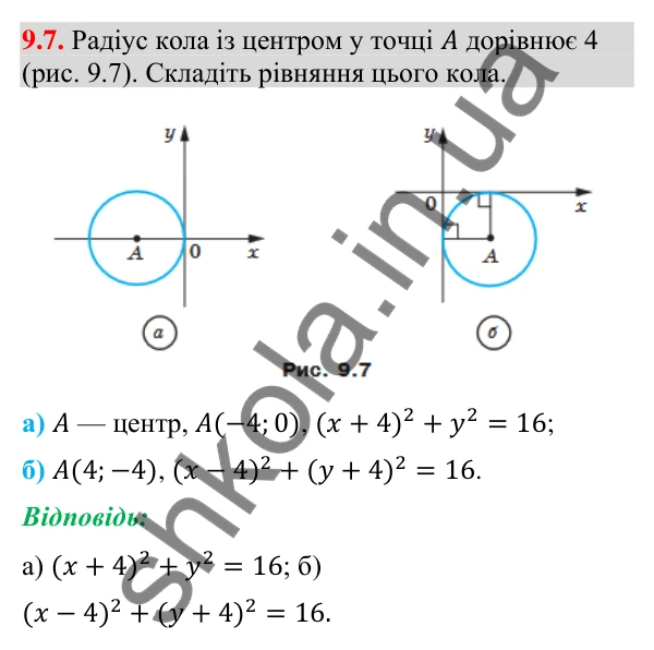 Відповідь до завдання 9.7 (с. 115) з геометрії для 9 класу (Мерзляк, 2026): Рівняння кола