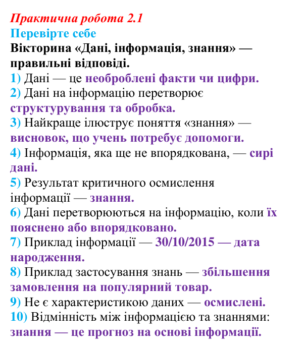 Відповіді до вправи «Перевірте себе» практичної роботи 2.1 з інформатики для 9 класу, Біос 2026: Дані, інформація, знання