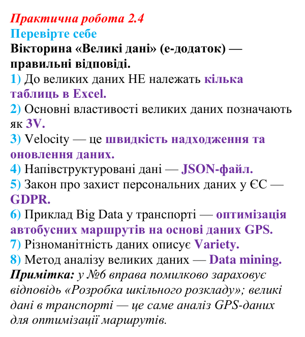 Відповіді до вправи «Перевірте себе» практичної роботи 2.4 з інформатики для 9 класу, Біос 2026: Великі дані