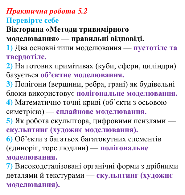 Відповіді до вправи «Перевірте себе» практичної роботи 5.2 з інформатики для 9 класу, Біос 2026: Методи тривимірного...