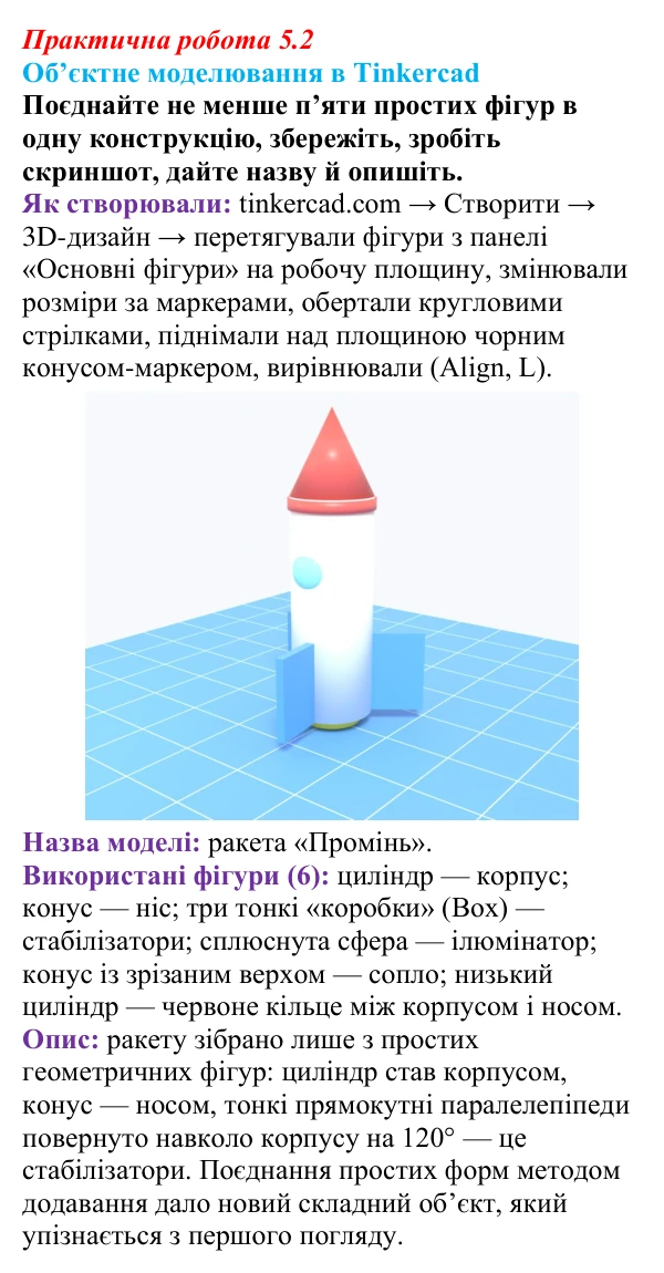 Відповідь до завдання 1 практичної роботи 5.2 з інформатики для 9 класу, Біос 2026: Методи тривимірного моделювання