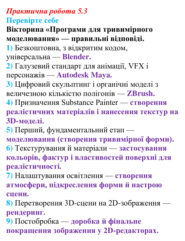 Відповіді до вправи «Перевірте себе» практичної роботи 5.3 з інформатики для 9 класу, Біос 2026: Програми для тривимірного...