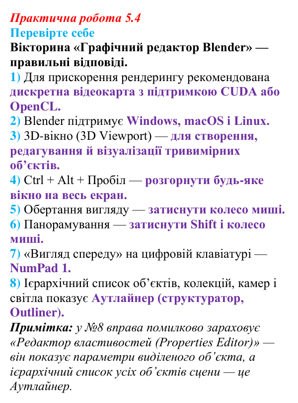 Відповіді до вправи «Перевірте себе» практичної роботи 5.4 з інформатики для 9 класу, Біос 2026: Графічний редактор Blender