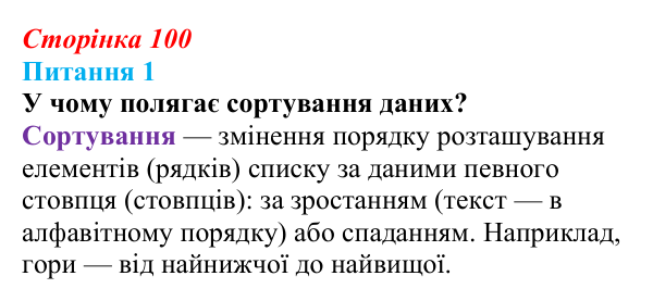 Відповідь до питання 1 (с. 100) з інформатики для 9 класу, Бондаренко 2026: Упорядкування даних. Умовне форматування