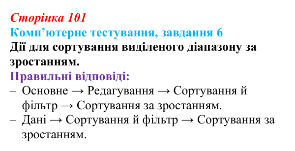 Відповідь до завдання 6 комп’ютерного тестування (с. 101) з інформатики для 9 класу, Бондаренко 2026: Упорядкування даних...
