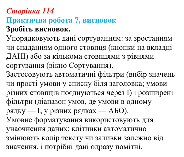 Відповідь до висновку практичної роботи 7 (с. 114) з інформатики для 9 класу, Бондаренко 2026: Упорядкування даних...