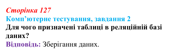 Відповідь до завдання 2 комп’ютерного тестування (с. 127) з інформатики для 9 класу, Бондаренко 2026: Реляційна база даних