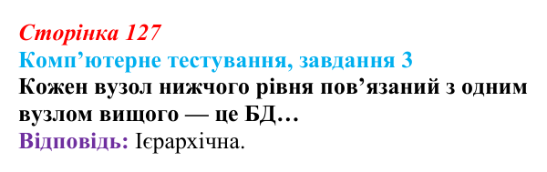 Відповідь до завдання 3 комп’ютерного тестування (с. 127) з інформатики для 9 класу, Бондаренко 2026: Реляційна база даних