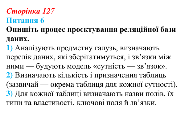 Відповідь до питання 6 (с. 127) з інформатики для 9 класу, Бондаренко 2026: Реляційна база даних