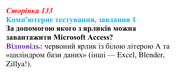 Відповідь до завдання 1 комп’ютерного тестування (с. 133) з інформатики для 9 класу, Бондаренко 2026: СКБД Microsoft Access