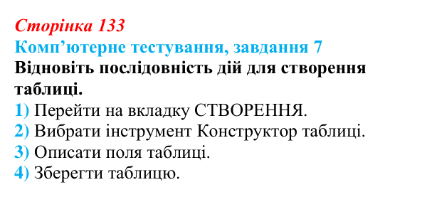 Відповідь до завдання 7 комп’ютерного тестування (с. 133) з інформатики для 9 класу, Бондаренко 2026: СКБД Microsoft Access