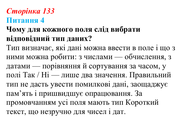 Відповідь до питання 4 (с. 133) з інформатики для 9 класу, Бондаренко 2026: СКБД Microsoft Access