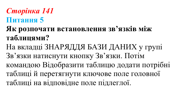 Відповідь до питання 5 (с. 141) з інформатики для 9 класу, Бондаренко 2026: Зв’язування та заповнення таблиць