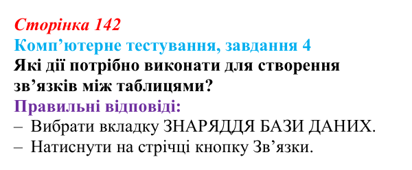 Відповідь до завдання 4 комп’ютерного тестування (с. 142) з інформатики для 9 класу, Бондаренко 2026: Зв’язування...