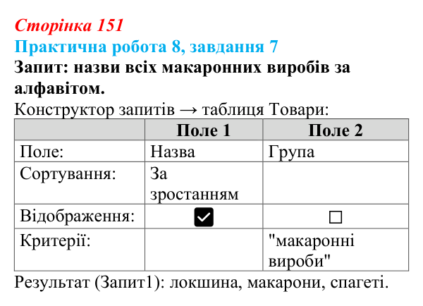 Відповідь до завдання 7 практичної роботи 8 (с. 151) з інформатики для 9 класу, Бондаренко 2026: Робота з таблицями...