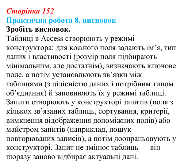 Відповідь до висновку практичної роботи 8 (с. 152) з інформатики для 9 класу, Бондаренко 2026: Робота з таблицями і запитами
