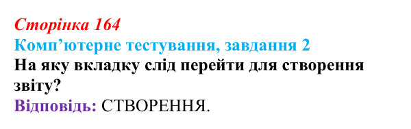 Відповідь до завдання 2 комп’ютерного тестування (с. 164) з інформатики для 9 класу, Бондаренко 2026: Звіти