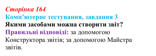 Відповідь до завдання 3 комп’ютерного тестування (с. 164) з інформатики для 9 класу, Бондаренко 2026: Звіти