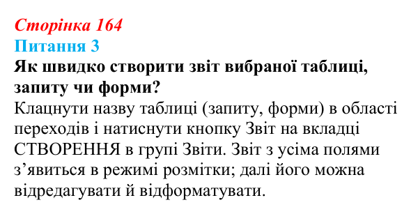 Відповідь до питання 3 (с. 164) з інформатики для 9 класу, Бондаренко 2026: Звіти
