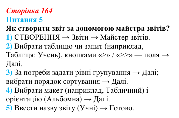 Відповідь до питання 5 (с. 164) з інформатики для 9 класу, Бондаренко 2026: Звіти