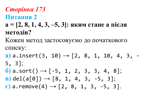 Відповідь до питання 2 (с. 173) з інформатики для 9 класу, Бондаренко 2026: Функції та методи списків