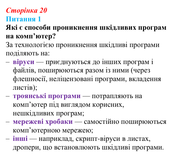 Відповідь до питання 1 (с. 20) з інформатики для 9 класу, Бондаренко 2026: Шкідливі програми та захист комп’ютера