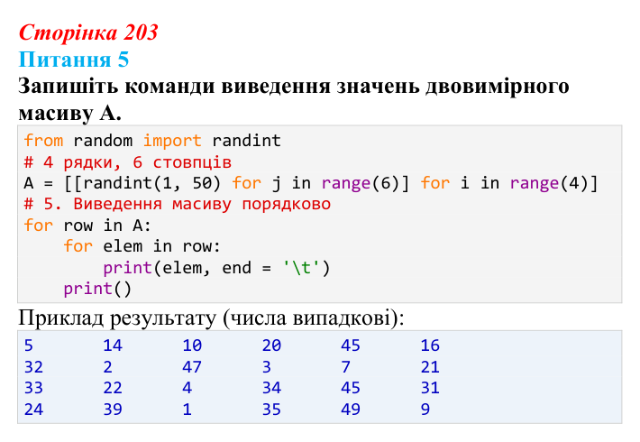 Відповідь до питання 5 (с. 203) з інформатики для 9 класу, Бондаренко 2026: Двовимірний масив. Вкладені списки