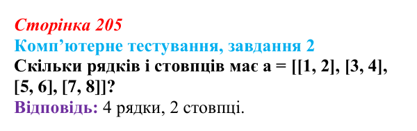 Відповідь до завдання 2 комп’ютерного тестування (с. 205) з інформатики для 9 класу, Бондаренко 2026: Двовимірний масив...