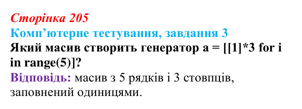Відповідь до завдання 3 комп’ютерного тестування (с. 205) з інформатики для 9 класу, Бондаренко 2026: Двовимірний масив...