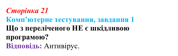 Відповідь до завдання 1 комп’ютерного тестування (с. 21) з інформатики для 9 класу, Бондаренко 2026: Шкідливі програми...