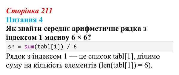 Відповідь до питання 4 (с. 211) з інформатики для 9 класу, Бондаренко 2026: Опрацювання двовимірних масивів даних