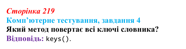 Відповідь до завдання 4 комп’ютерного тестування (с. 219) з інформатики для 9 класу, Бондаренко 2026: Словники