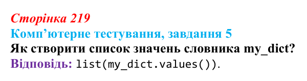 Відповідь до завдання 5 комп’ютерного тестування (с. 219) з інформатики для 9 класу, Бондаренко 2026: Словники
