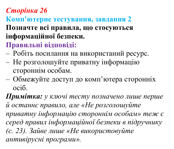 Відповідь до завдання 2 комп’ютерного тестування (с. 26) з інформатики для 9 класу, Бондаренко 2026: Захист комп’ютерних...