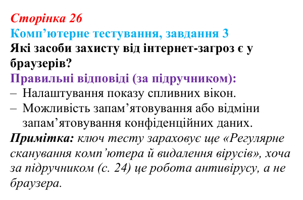 Відповідь до завдання 3 комп’ютерного тестування (с. 26) з інформатики для 9 класу, Бондаренко 2026: Захист комп’ютерних...