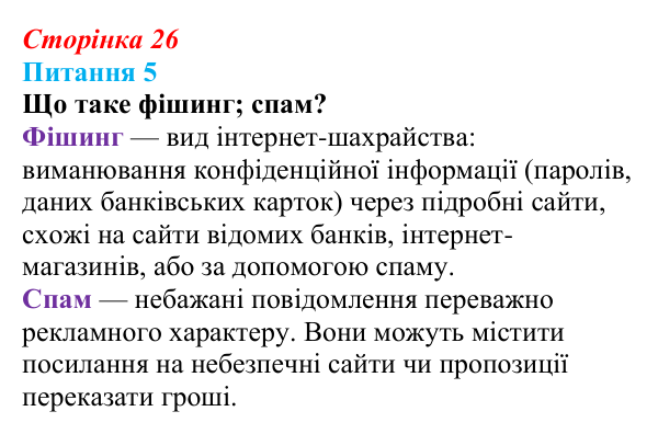 Відповідь до питання 5 (с. 26) з інформатики для 9 класу, Бондаренко 2026: Захист комп’ютерних систем. Безпека в інтернеті