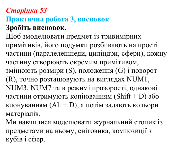 Відповідь до висновку практичної роботи 3 (с. 53) з інформатики для 9 класу, Бондаренко 2026: Робота з тривимірними...