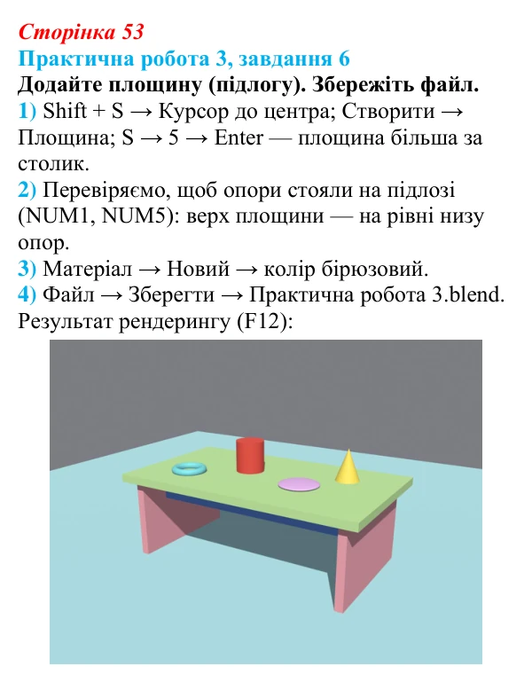 Відповідь до завдання 6 практичної роботи 3 (с. 53) з інформатики для 9 класу, Бондаренко 2026: Робота з тривимірними...