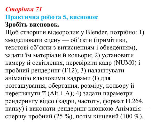 Відповідь до висновку практичної роботи 5 (с. 71) з інформатики для 9 класу, Бондаренко 2026: Створення тривимірної анімації