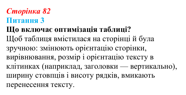 Відповідь до питання 3 (с. 82) з інформатики для 9 класу, Бондаренко 2026: Параметри сторінки. Друкування таблиці