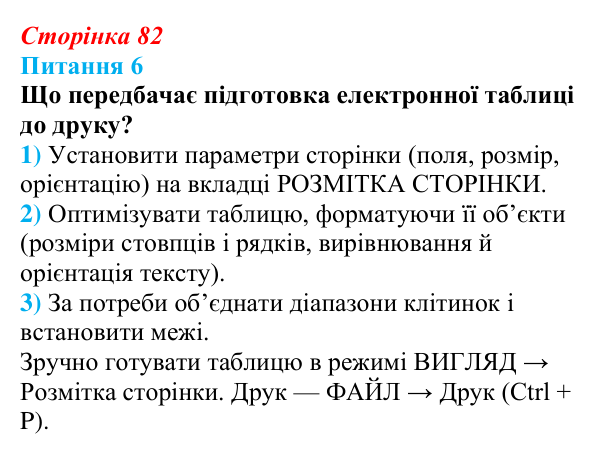 Відповідь до питання 6 (с. 82) з інформатики для 9 класу, Бондаренко 2026: Параметри сторінки. Друкування таблиці