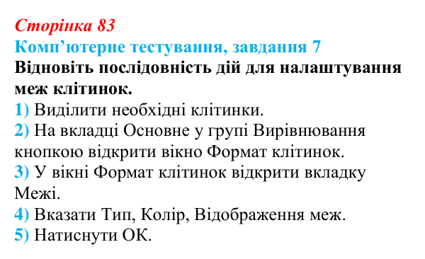 Відповідь до завдання 7 комп’ютерного тестування (с. 83) з інформатики для 9 класу, Бондаренко 2026: Параметри сторінки...