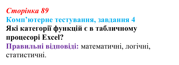 Відповідь до завдання 4 комп’ютерного тестування (с. 89) з інформатики для 9 класу, Бондаренко 2026: Функції. Логічні функції
